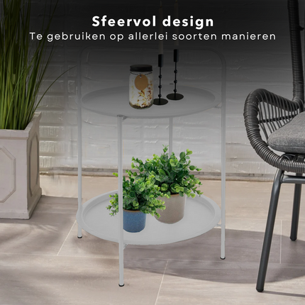 Cheqo® Bijzettafel 50 cm - Metaal (gepoedercoat) - Mat licht grijs - 66 cm Hoogte - 2 Verdiepingen - Tafeltje - Tuintafel - Bijzettafel voor Binnen en Buiten - Nachtkastje Bijzettafel