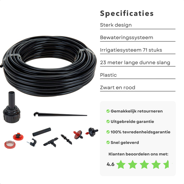 Cheqo® XXL Druppelsysteem - Bewateringssysteem - Druppelslang - Irrigatiesysteem - 23m Vinyl Slang - 5mm Diameter - 10x Eind- & Tussenbevochtigers - 15x Bevestigingspins - Muur & Tuin - Bloemen Water Geven Druppelsysteem