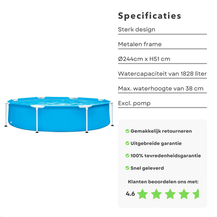 Cheqo® XL Opzetzwembad - Metalen Frame - Zwembad - Opzetbad - Ø244cm - 1828L - 38cm Waterhoogte Opzetzwembaden