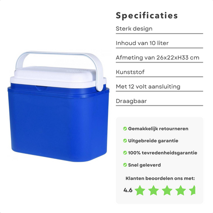 Cheqo® Elektrische Koelbox 12v - 10L - Autokoelbox - 12V Aansluiting - 26x22x33cm - Blauw/Wit Koelbox