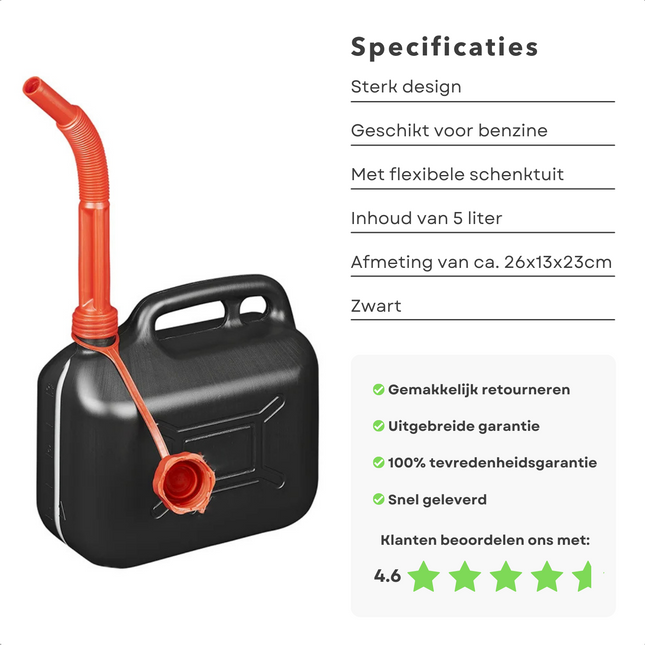 Cheqo® Jerrycan - Benzinetank - 5L - Met Opschroefbare Schenktuit - Gechikt voor Benzine - Flexibele Schenktuit - Afmeting ca. 26x13x23cm. Jerrycans