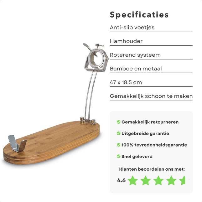 Cheqo® Luxe Hamhouder met Draaiende Kop - Bamboe & Metaal - 47 x 18.5 cm - Inklapbaar - Anti-slip Voetjes - Roterend Systeem - Makkelijk Schoon te Maken Hamhouder