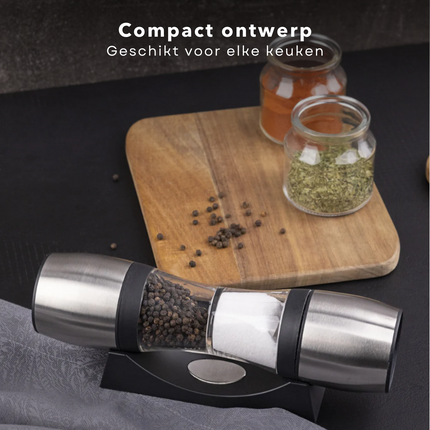 Cheqo® Luxe Peper- & Zoutmolen met Houder - RVS - ø5.5 x 23 cm - Keramische Maalschijf - Hervulbaar - Zwart & Zilver - Pepermolen - Zoutvaatje - Peper Zoutstel Peper- & Zoutstellen