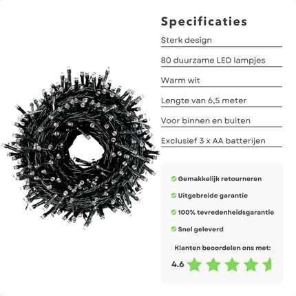 Cheqo® Kerstboomverlichting - Kerstverlichting LED - 80 LED - Warm Wit - Op batterij - 8 Lichtfuncties - Dual-Timer - 6m lengte - IP44 spatwaterdicht - 3x AA batterijen - 3V Kerstboomverlichting
