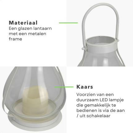 Cheqo® Lantaarn met LED-kaars - Tafel Lantaarn - Tafellamp - Glazen lantaarn met metalen frame - Aan/Uit schakelaar - 22/34cm hoog - 18cm diameter glas - Op Batterijen Lantaarn