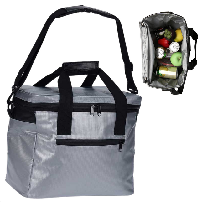 Cheqo® Koeltas 18 Liter - Grijs - 18L - Koelbox - Koelen - Koelelement - 18 cm - Voor op het Strand & Camping - Lunchtas - Geïsoleerd - Picknicktas - Verstelbare Schouderband - Stevige Rits - Draagbaar Koeltas