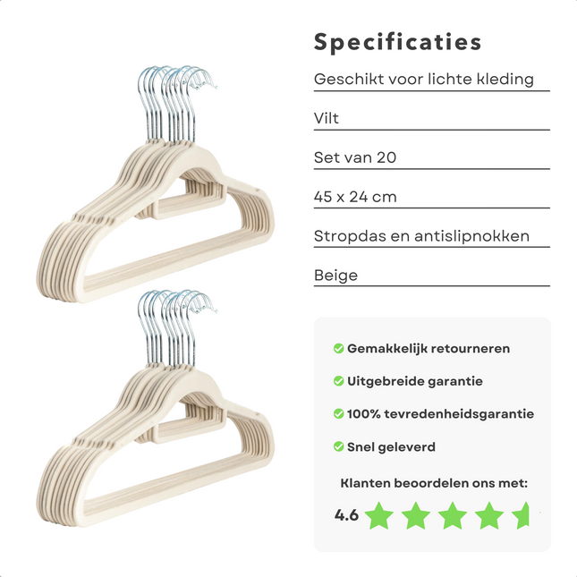 Cheqo® Kledinghanger Vilt Set - 20 Stuks - Beige - 40cm - Kleerhangers van Vilt - Voor Kleding, Truien, Jassen, en Meer Kleerhangers