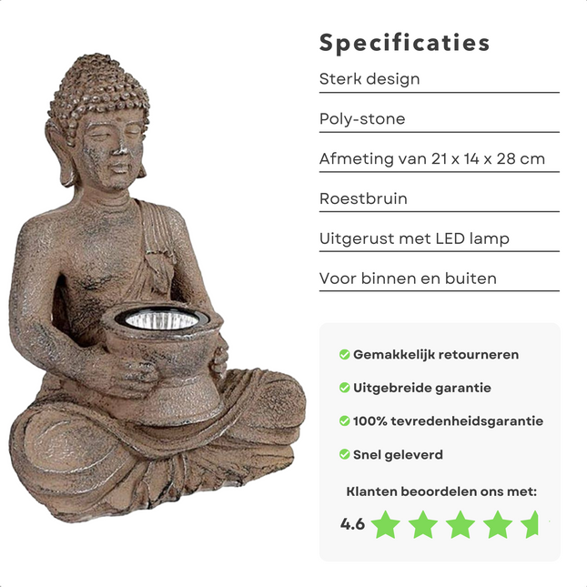 Cheqo® Zittende Boeddha Beeld 28cm - Boeddhabeeld - Buddha Beeld - Solar Tuinbeeld - Polystone - LED-lamp - Aan/Uit Functie Boeddhabeelden
