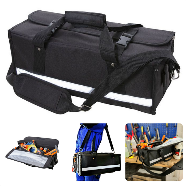 Cheqo® PRO Luxe Gereedschapstas - Polyester - Afsluitbaar - Reflectiestrepen - 45x20x19cm - 15 Opbergopties - Weersbestendig - Ophanglus - 8 Insteekvakken - 4 Elastieken Banden - Comfortabel - Gereedschapskoffer Gereedschapstas