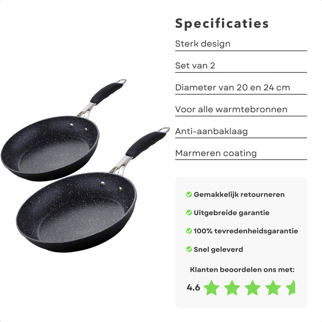 Cheqo® Set van 2 Koekenpannen - Pannenset - Koekenpan Set - Bakpan - 20 & 24 cm - Gesmeed Aluminium - Full Induction - Xylan-Marmer Coating - Cold-Effect Handgreep - Alle Warmtebronnen - Ook voor Inductie Koekenpan