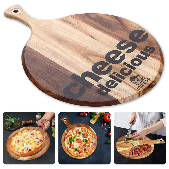 Cheqo® - Stevige & Robuuste Kaasplank - Rubber-Wood - 41x30,5x1,5cm - Met Ophangoog - Serveer Kaasblokjes - Serveerplank - Dienblad - Cheese Board - Borrelplank - Tapasplank - Hapjesplank - Rond Kaasplank