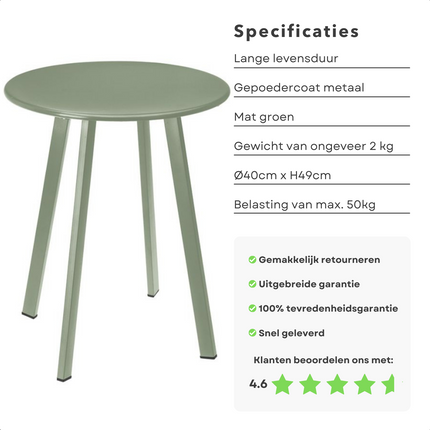 Cheqo® Tafel - Bijzettafel - Metaal (Gepoedercoat) - Mat Groen - 40 cm Diameter - 49 cm Hoogte - Max 50 kg Draagvermogen - 2,125 kg Gewicht Bijzettafel