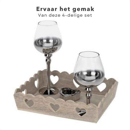 Cheqo® Kaarsen met Dienblad - Kandelaar Set - Kaarsenbord - Kaarsenplateau - Kaarsplateau - Woonaccessoires - 4-Delig - 2 Glazen en 1 Zilver Hart - Voor Waxinelichtjes en Kleine Kaarsen Decoratieve dienbladen