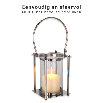 Cheqo® Luxe Ronde Lantaarn - Kaarsenhouder - Zilverkleurig - 24/44cm - 16x16cm - Zonder Kaars Tuinlantaarns