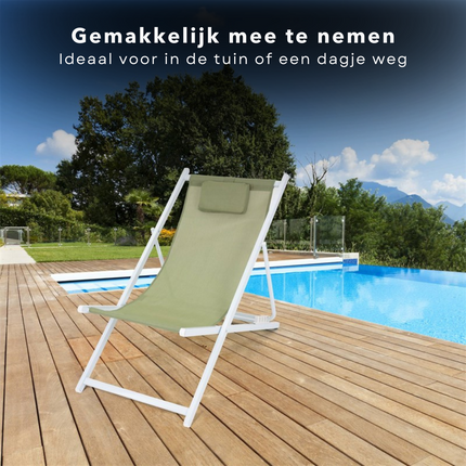 Cheqo® Ligstoel - Opvouwbare Tuinstoel - Strandstoel Opvouwbaar - Campingstoel - Wit Aluminium Frame - Groen Doek - Inklapbaar - Verstelbaar - 101x61x91cm - Gewicht 3.8kg Campingstoel