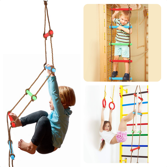 Cheqo® Klimladder - Touwladder - Ladder voor Kinderen - 2m Touw - 6 Kunststof Tredes - 40kg Max. Draagvermogen - Groen, Blauw, Rood Touwladder