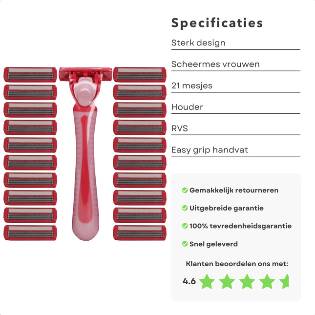 Cheqo® Scheermesjes voor Dames - Houder + 21 Mesjes - Scheermes - 3 Blades - Easy Grip Handvat - Roestvrijstaal - Voor Een Zachte Gladde Huid Scheermesjes