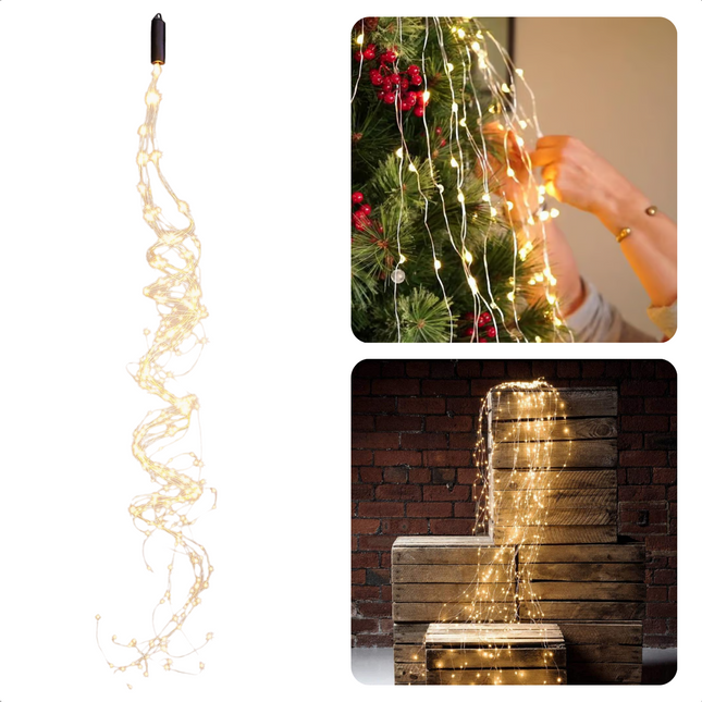 Cheqo® Cascadeverlichting Zilverdraad 300 LED lampjes - Warm Wit - IP44 - Kerstverlichting voor Binnen & Buiten - 500cm Aanloopsnoer Kerstverlichting