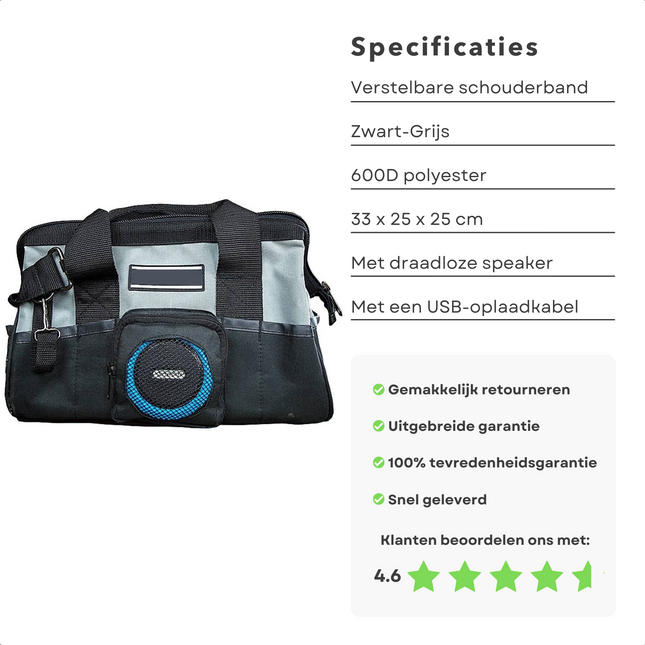 Cheqo® Gereedschapstas Rugzak met Bluetooth Speaker - Bouwradio - Muziek Luisteren tijdens Werken - 33x25x25cm - 10 Insteekvakken - 4 Voorzijde Vakken - 600D Polyester - 5W Output - Waterbestendig & Shockproof Gereedschapstas