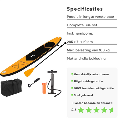 Cheqo® Complete SUP-Set - Opblaasbaar SUP Board - Stand Up Paddle Board - Tot 80kg - EVA Anti-Slip - Verstelbare Peddel - Met Rugzak en Handpomp - Oranje SUP Board
