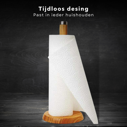 Cheqo® Handige Keukenrolhouder - Keukenpapier Houder - Rollenhouder - Milieuvriendelijk Bamboe - 14cm Diameter Basis - 32.5cm Hoogte Keukenrolhouder