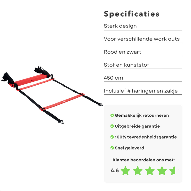 Cheqo® Agility Ladder Pro - Loopladder - Speedladder - Speed Ladder - Fitness Ladder - 11 Sporten - Verstelbaar - Voetbal - 450 cm - Inclusief Draagtas Loopladder