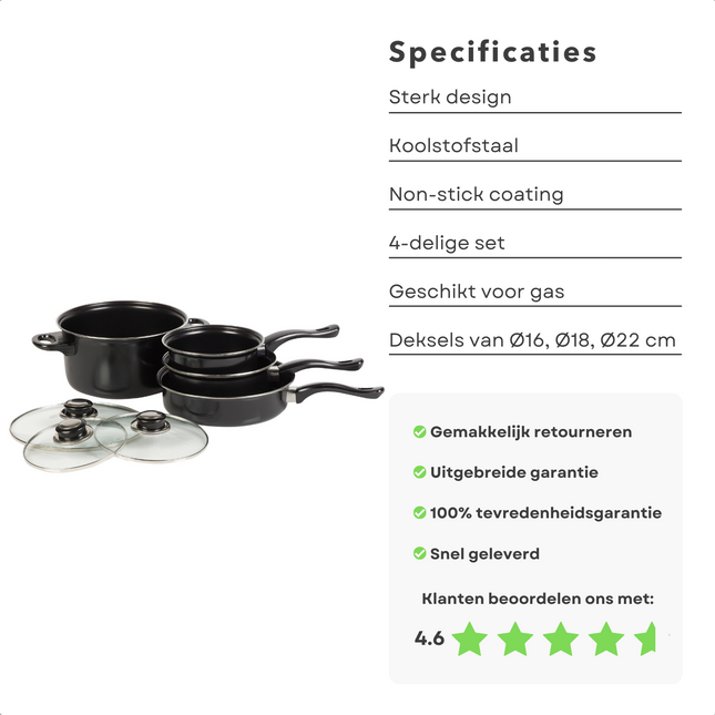 Cheqo® Outdoor Campingpannen Set - 4 stuks - Koolstofstaal - Non-Stick Coating - Geschikt voor Gas - Ideaal voor Kamperen - Campingpan Set - Pannenset Campingpan