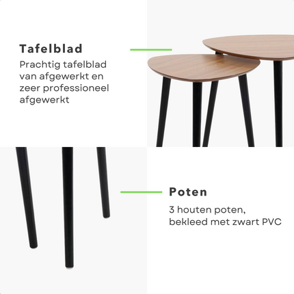 Cheqo® 2-delige Bijzettafel Set - Bijzet Tafel - Tafeltjes - Tafeltje - MDF & Zwart PVC - Hout & Zwart Bijzettafel