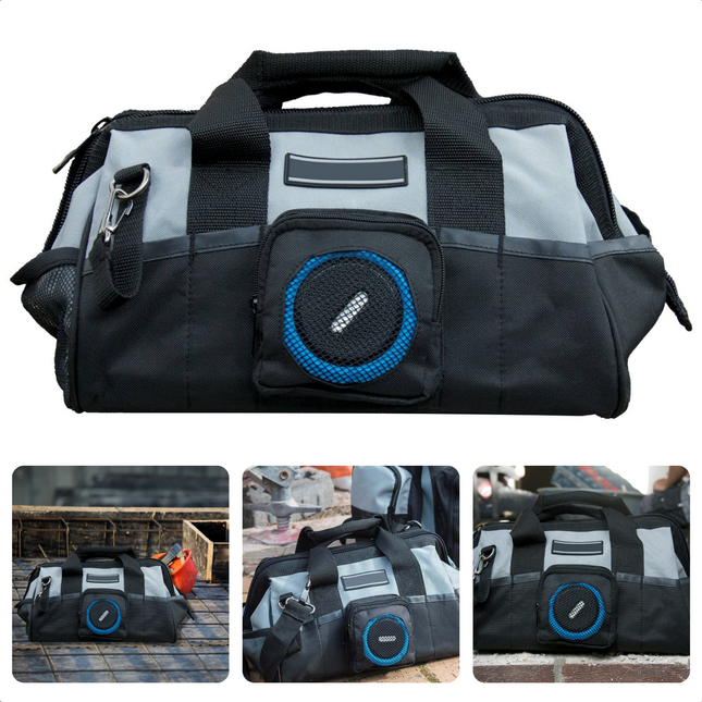 Cheqo® Gereedschapstas Rugzak met Bluetooth Speaker - Bouwradio - Muziek Luisteren tijdens Werken - 33x25x25cm - 10 Insteekvakken - 4 Voorzijde Vakken - 600D Polyester - 5W Output - Waterbestendig & Shockproof Gereedschapstas