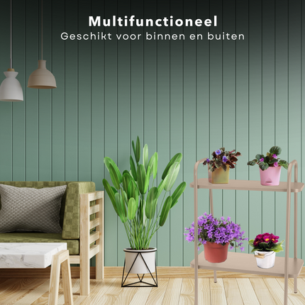 Cheqo® Metalen Bloemenrek - Plantenrek - Plantenhouder - Plantentafel - Taupe - 50x26x66cm - 2 Verdiepingen Plantenrekken