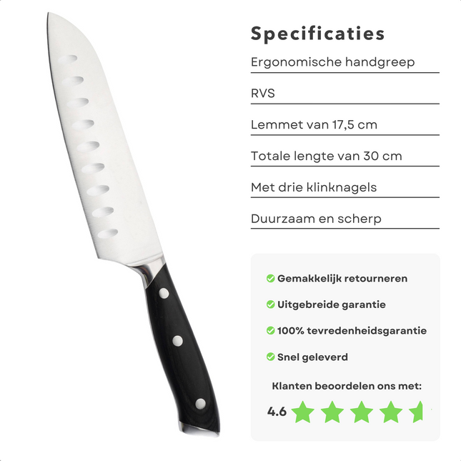 Cheqo® PRO Santokumes 17.5cm - Keukenmes - Japans Koksmes - Mes voor het Snijden van Vlees, Vis, Groente & Kaas - Ergonomisch Heft - 30cm - Santoku Knife - Chefmes Santokumes