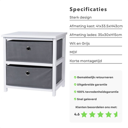 Cheqo® Opbergkastje - 2 Lades - Kastje - Nachtkastje - MDF - 45x40x30cm Opbergkast