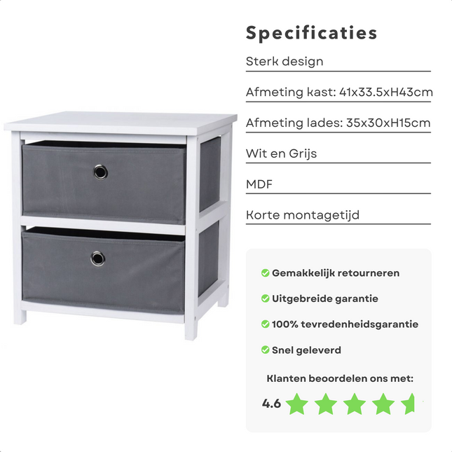 Cheqo® Opbergkastje - 2 Lades - Kastje - Nachtkastje - MDF - 45x40x30cm Opbergkast