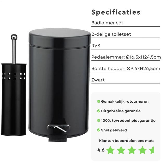 Cheqo® 2-Delige Badkamerset - Pedaalemmer (3L) + Toiletborstel met Houder - RVS - Zwart - Badkamer Accessoires - Prullenbak Badkamer Badkameraccessoiresets