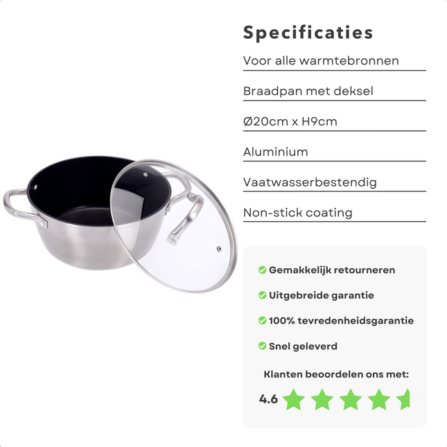 Cheqo® Braadpan met Deksel - Ø20cm - Aluminium - Braadpan Inductie, Gas, Elektrisch, Keramisch, Halogeen, Oven - Vaatwasserbestendig - PFOA Vrij - Non-Stick - Keramische Coating Braadpan