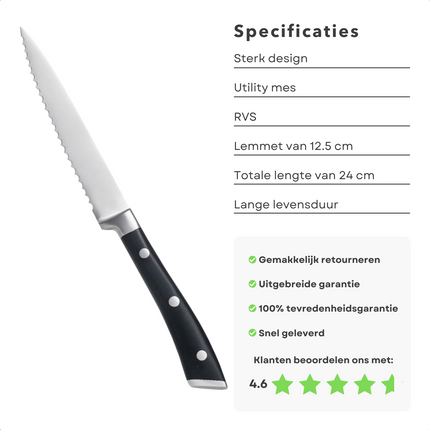 Cheqo® PRO Keukenmes - Utility Mes - Multifunctioneel - RVS - Kunststof Handvat - 24 cm - 12,5 cm Lemmet - 120 gram - Groente & Fruit Snijden Keukenmes