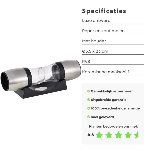 Cheqo® Luxe Peper- & Zoutmolen met Houder - RVS - ø5.5 x 23 cm - Keramische Maalschijf - Hervulbaar - Zwart & Zilver - Pepermolen - Zoutvaatje - Peper Zoutstel Peper- & Zoutstellen