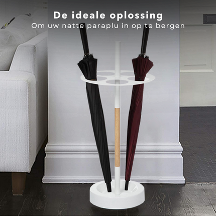 Cheqo® Paraplubak met Ruimte voor 5 Paraplu's - Parapluhouder - Houder voor Paraplu - Ø 32,5 cm - Hoogte 75 cm - Metalen Standaard met Houten Afwerking - Regenwater Opvangplaat - Makkelijk In Elkaar te Zetten Paraplubakken