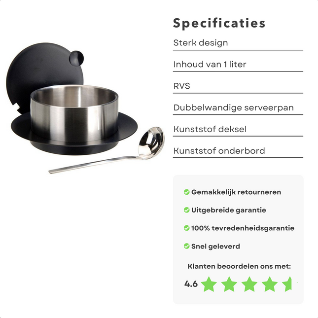 Cheqo® Roestvrijstalen Serveerpan - Soeppan - Serveerkom - Sauslepel - Mengkom - 1 Liter - 15cm Diameter - Met Soeplepel - Opscheplepel - Dubbelwandig Serveerschaal