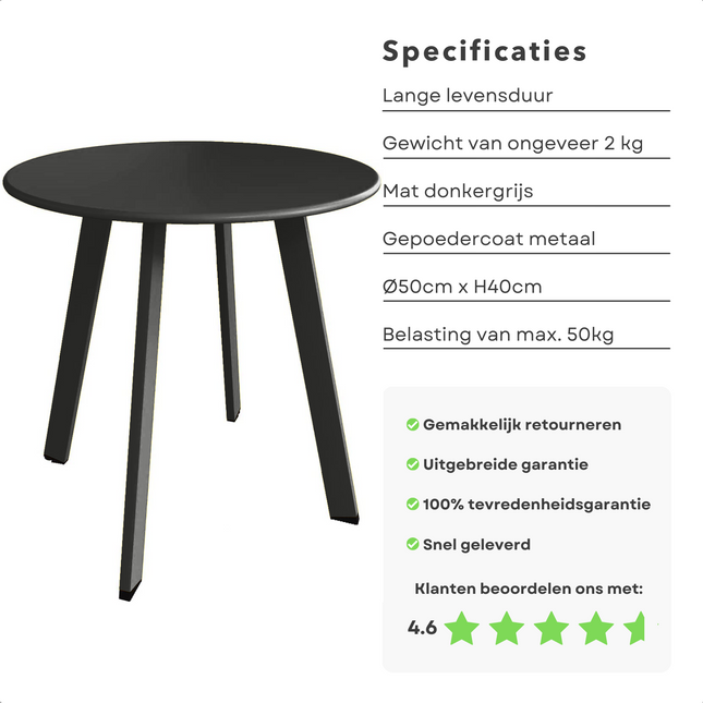 Cheqo® Tafel voor Binnen of Buiten - Bijzettafel - Tafeltje - Nachtkastje - Metaal (gepoedercoat) - Mat Donker Grijs - 45 cm Hoog - Draagvermogen 50 kg Bijzettafel