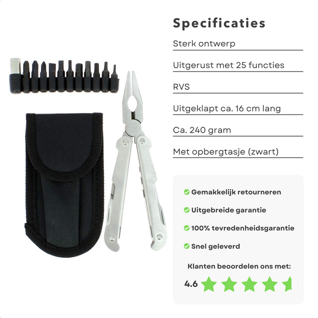 Cheqo® Multitool 25-in-1 Outdoor Toolkit - Zakmes, Schroevendraaier, Tang, Flessenopener, Bits - RVS - 16cm - Met Opbergtasje Zakmessen