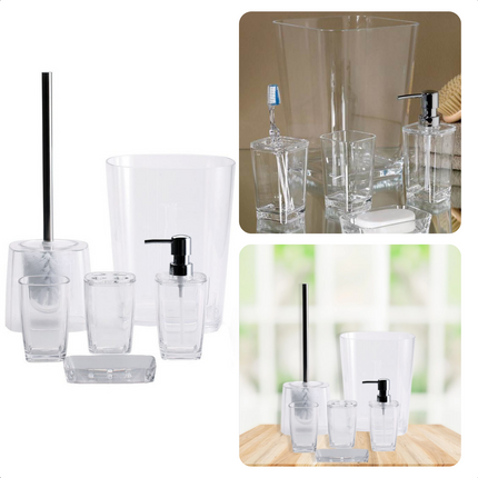 Cheqo® Badkamer Set 6 Delig - Badset - Kunststof - Beker, Zeepbakje, Zeep Dispenser, Tandenborstelhouder, Toiletborstelset, Afvalbak - Badkamer Accessoires Badset