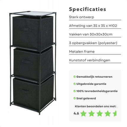 Cheqo® Opbergkast - Halkast - Ladekast met 3 Compartimenten - 35x35xH102cm - 30x30x30cm - Polyester - Metalen Frame - Kunststof Verbindingen - Gemakkelijk In Elkaar Te Zetten Ladekast