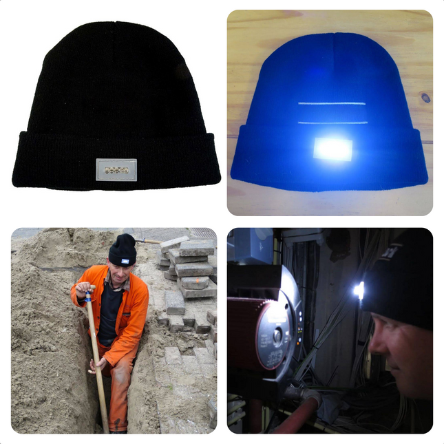 Cheqo® Werkmuts met LED-verlichting - Muts met Hoofdlamp - 100% Acryl - Zwart - 5 LED-lampjes - Slimme Schakelaar - One Size Hoofdlampen