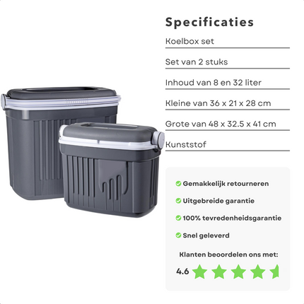 Cheqo® Koelbox Set - 2 stuks - 8L & 32L - Kunststof - 9 & 12 uur Koel - Coolbox - Koel Box - Vergrendelbaar - Grijs Koelbox