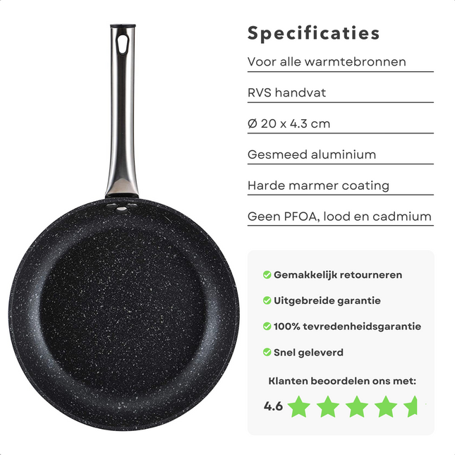 Cheqo® Koekenpan - Ø20 cm - Zwart - Hoogwaardig - RVS - Marmer - PFOA-Lood-Cadmiumvrij - Voor alle Warmtebronnen - Gelijkmatige Warmteverdeling - Voor Dagelijks Gebruik - Lange Levensduur - Hittebestendig Handvat Koekenpannen