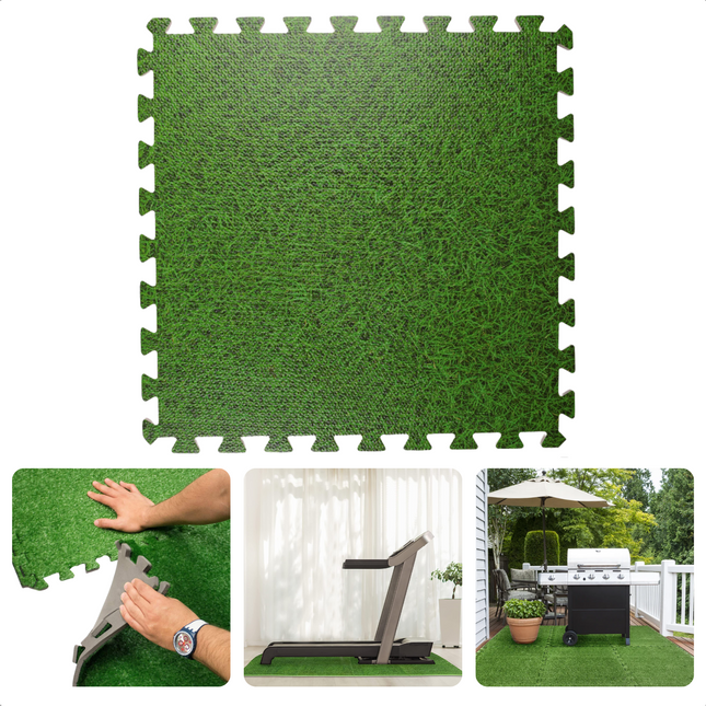 Cheqo® Multifunctionele Zwembadtegels - Puzzeltegels - Zwembad Vloermat - Fitness Puzzelmat - Yogamat - Tuinvloer - Set van 6 stuks - 40x40cm - Grasprint - Kunstgras - Vloertegels Onderzeilen