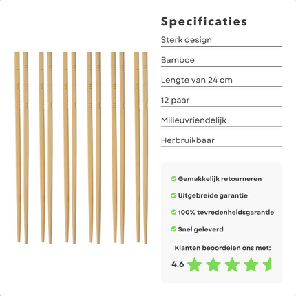 Cheqo® Luxe Bamboe Chopsticks - Eetstokjes - Vaatwasserbestendig - 12 Paar - 24 cm - Gemaakt van Duurzaam Bamboe - Eetstokjes voor Sushi Eetstokjes