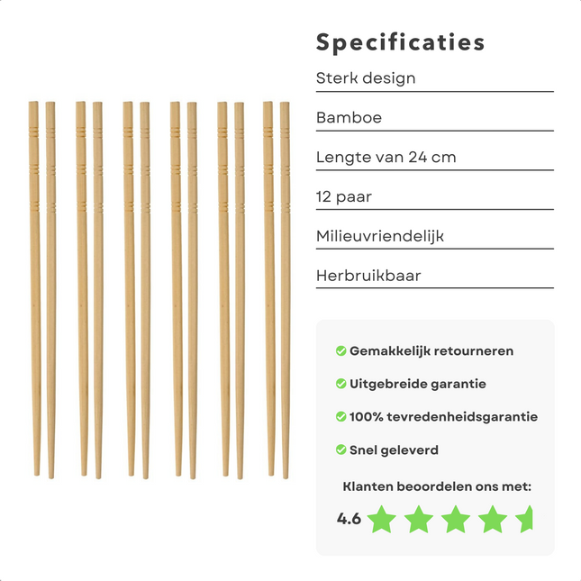 Cheqo® Luxe Bamboe Chopsticks - Eetstokjes - Vaatwasserbestendig - 12 Paar - 24 cm - Gemaakt van Duurzaam Bamboe - Eetstokjes voor Sushi Eetstokjes