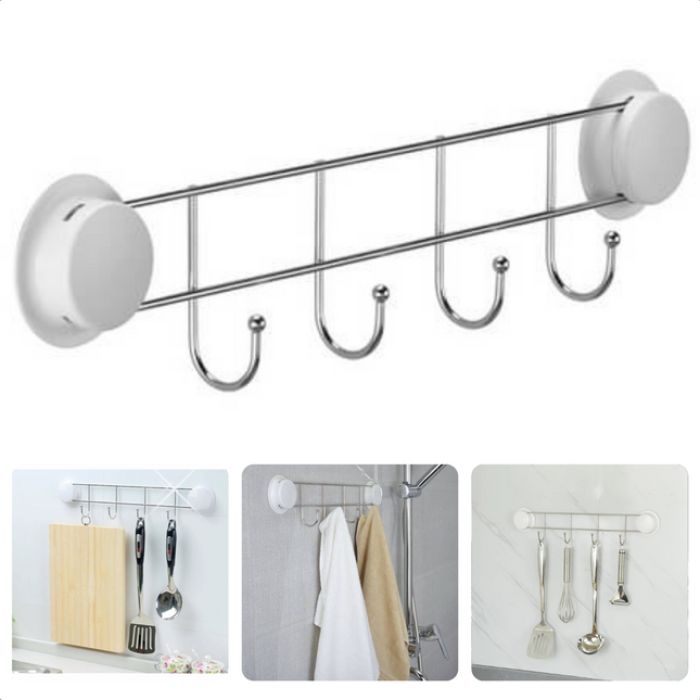 Cheqo® Handdoekhouder met Zuignap - Wandrek met Zuignappen - RVS - 4 Hakken - 10kg Max. - 34.5x5x9.5cm - Geen Gereedschap - Duwen & Draaien Handdoekhouder